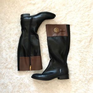MWOT Tommy Hilfiger Woman's Twinezza Black & Brown Riding Boots size 9.5